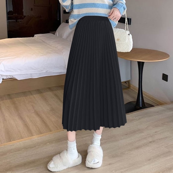 AUNVITO Women's High Waist Elastic A-Line Satin Pleated Maxi Skirt Solid Color Casual All Season