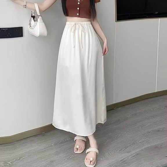 AUNVITO Women's High Waist Elastic A-Line Satin Pleated Maxi Skirt Solid Color Casual All Season