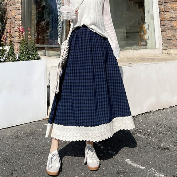 AUNVITO Women's High Waist Elastic Waist Lace Trim Plaid Print A-Line Skirt Casual All Season Black Navy Blue Pink