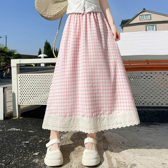 AUNVITO Women's High Waist Elastic Waist Lace Trim Plaid Print A-Line Skirt Casual All Season Black Navy Blue Pink