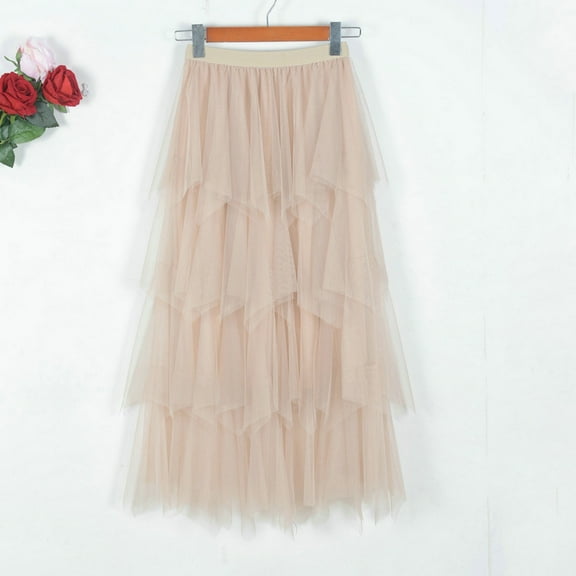 AUNVITO Women's High Waist Layered Irregular Cake Gauze Skirt Casual Fashion Mid-Length Multi-Color Options
