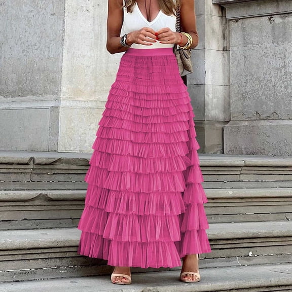 AUNVITO Women's High Waist Layered Tulle Skirt A-Line Flowy Spring Summer Casual Skirt