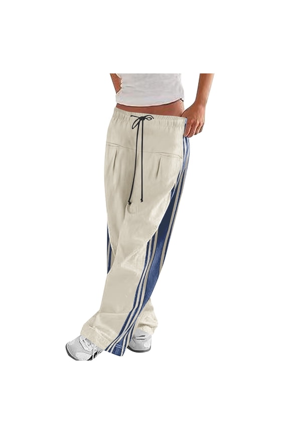 Women's High Waist Wide Leg Pants with Elastic Drawstring, Side Stripe Design, Loose Fit & Pockets for Casual Sport