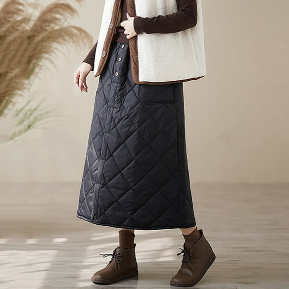 AUNVITO Women's High Waist Winter Warm Plus Size Down Skirt with Pockets, Insulated Long Casual Straight Tube Skirt for Daily Wear (Black/Beige/Brown)