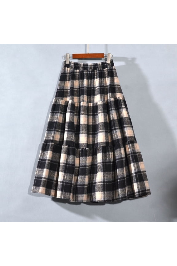 Women's High Waist Wool Plaid Skirt Elastic Waistband Knee-Length Tassel Trim Casual A-Line Skirt Navy Blue Red Brown Checkered Design