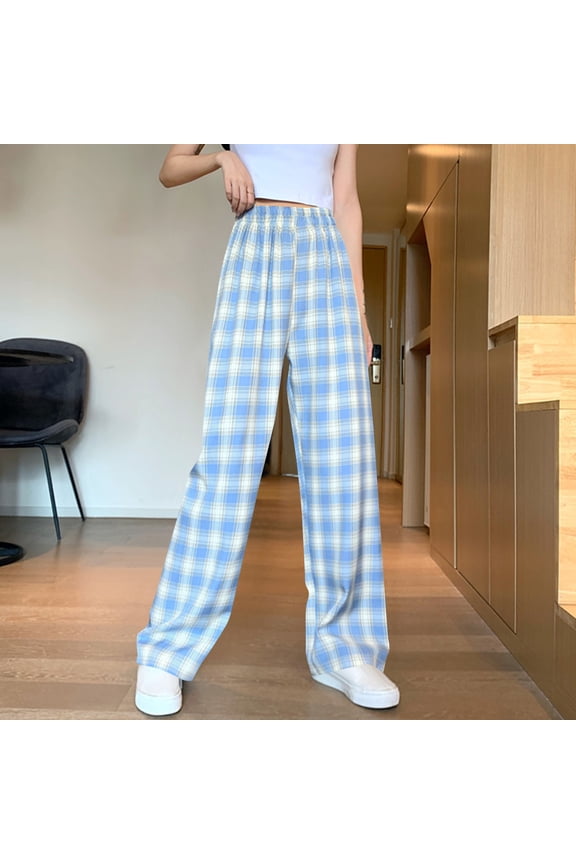 Women's High Waisted Plaid Loose Fit Straight Leg Pants Stretchy Elastic Waist Casual Yoga Comfort Flattering -Spandex Blend for Everyday Wear