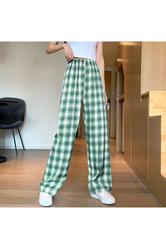 Women's High Waisted Plaid Loose Fit Straight Leg Pants Stretchy Elastic Waist Casual Yoga Comfort Flattering -Spandex Blend for Everyday Wear