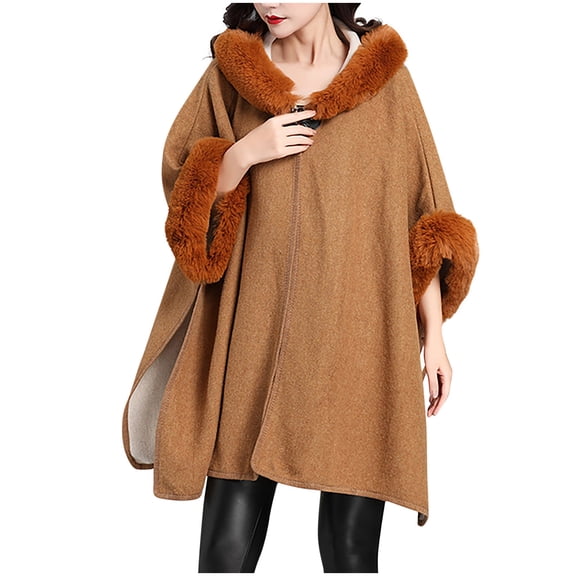 AUNVITO Women's Hooded Coat Faux Rabbit Fur Collar Oversized Cape Design Casual and Trendy Winter Style