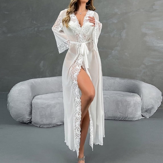 AUNVITO Women's Hooded Robe Heart Lace-Trimmed Bell Sleeves Sheer Fabric Adjustable Waist Tie Bridal and Romantic Loungewear Style