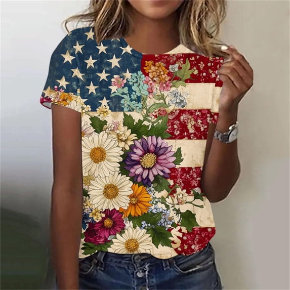 AUNVITO Women's Independence Day Print T-Shirt Short Sleeve Round Neck Casual Comfortable Fit Patriotic Holiday Style