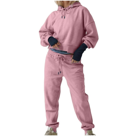 AUNVITO Women's Japanese Terry Sweatsuit Set Cozy 2-Piece Outfit Long Sleeve Round Neck Solid Color Loungewear Casual Oversized Tracksuit