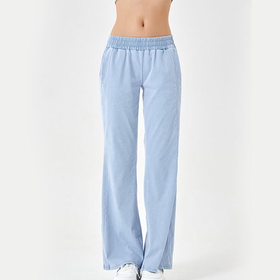 AUNVITO Women's Jeans High Waist Loose Fit Stretch Slimming Double Pocket Elastic Waistband Casual Sport Fitness Trousers