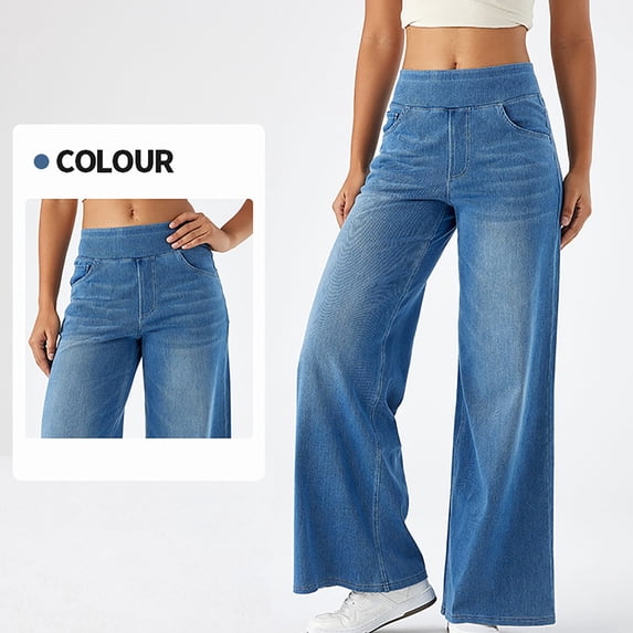 AUNVITO Women's Jeans Wide Leg Pants High Waist Slimming Multi Pocket Straight Loose Fit Casual Comfort Trousers