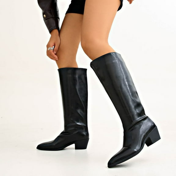 AUNVITO Women's Knee-High Boots Comfort Block Heel Easy On/Off Faux Leather Pointed Toe Winter Casual Shoes Fashionable Solid Colors