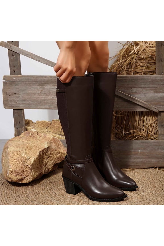 Women's Knee-High Faux Leather Boots Chunky Heel Pointed Toe Side Zipper Retro Casual British Style