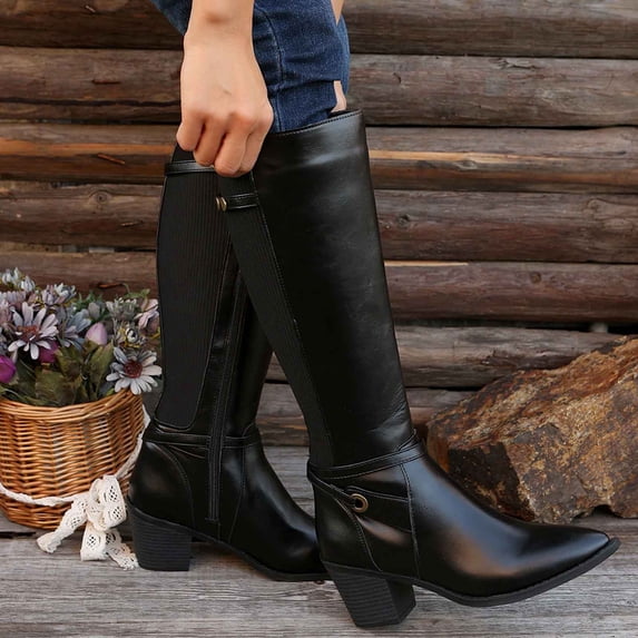 AUNVITO Women's Knee-High Faux Leather Boots Chunky Heel Pointed Toe Side Zipper Retro Casual British Style
