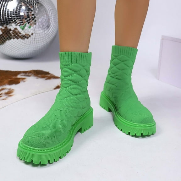 AUNVITO Women's Knit Thick-Sole Ankle Boots Fluorescent Green All Leg Shapes Comfort Fall Winter Stylish Non-Slip