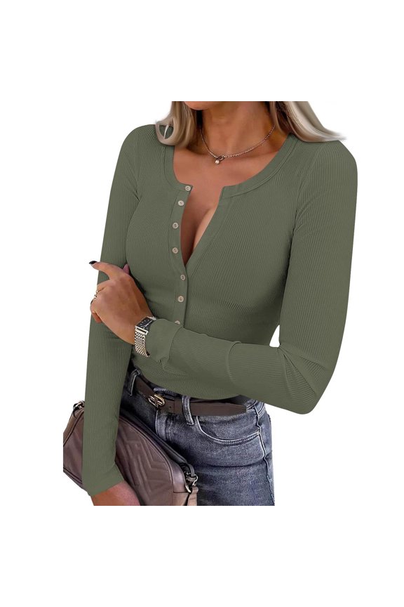 Women's Knit Top V-Neck Long Sleeve Button Front Ribbed Texture Casual and Trendy Style