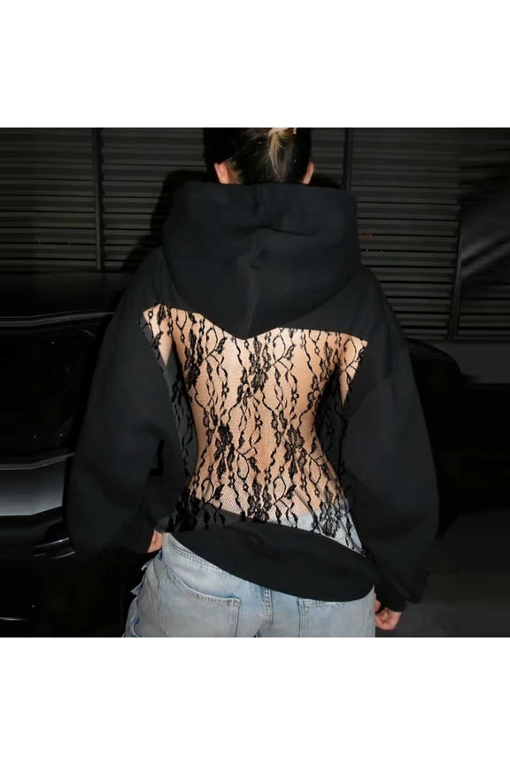 Women's Lace Hollow-Out Hooded Sweatshirt Long Sleeve Backless Design Oversized Casual and Chic