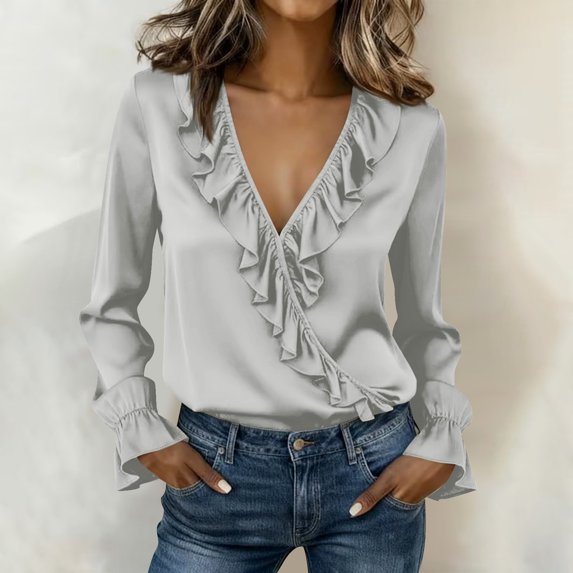 AUNVITO Women's Lace Ruffle V-Neck Blouse Casual and Chic-Style Style