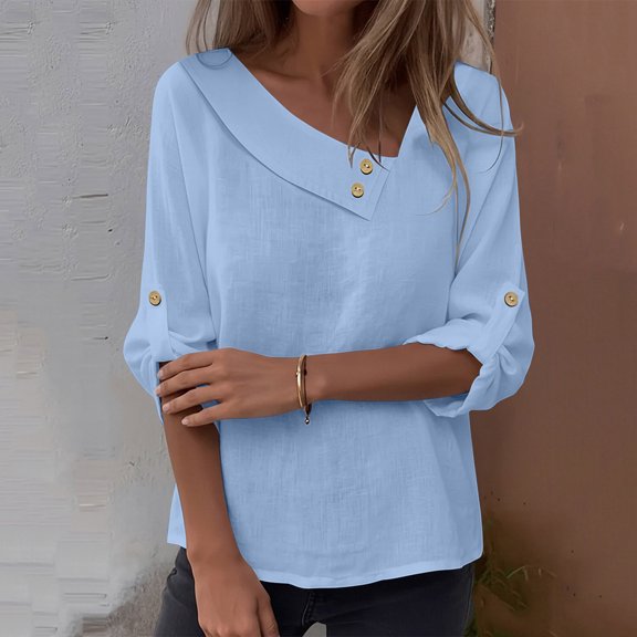 AUNVITO Women's Lace Trim Blouse Round Neck Three-Quarter Sleeve Casual and Chic-Style Solid Color Top