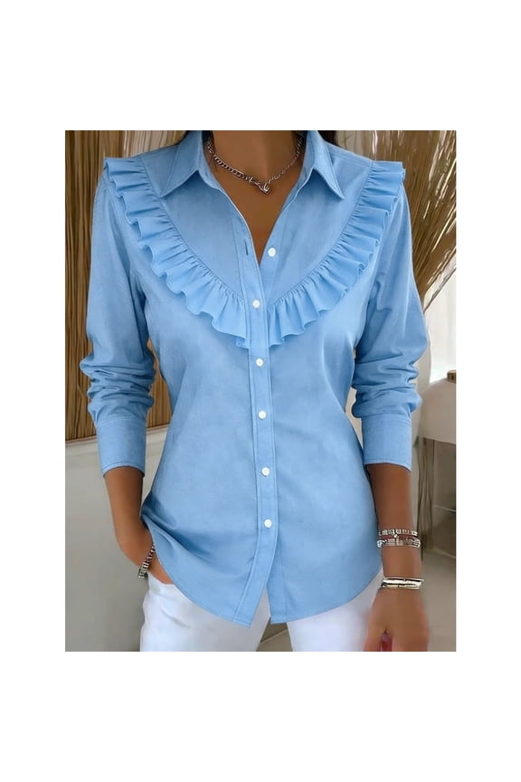 Women's Lace Trim Blouse Seven Sleeves V Neckline Casual and Chic Pure Color Top
