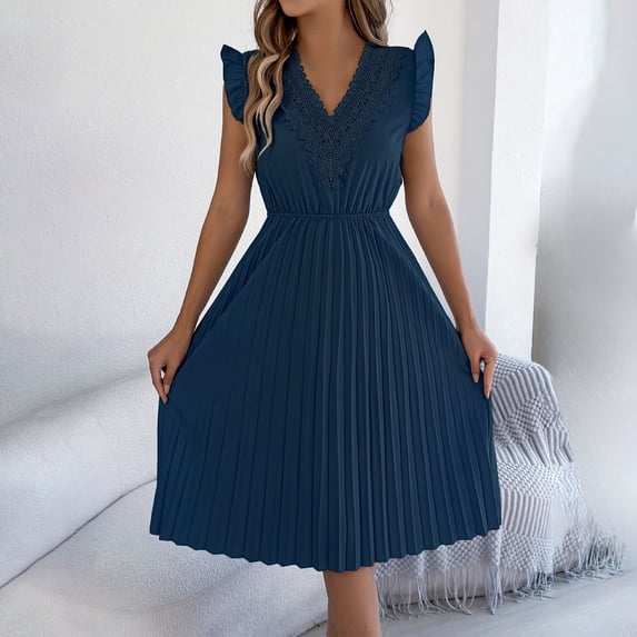 AUNVITO Women's Lace V Neck Ruffle Hem Midi Dress with Waist Tie Casual and Elegant Summer Style