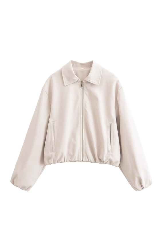 Women's Lightweight Nylon Casual Jacket Long Sleeve Stand Collar Zipper Pockets Solid Color Hoodless Outerwear Spandex Stretch Fit