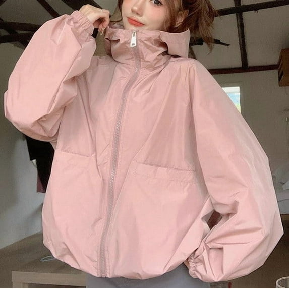 AUNVITO Women's Lightweight Windbreaker Hooded Full-Zip Long Sleeve Jacket with Pockets Casual Outdoor Coat