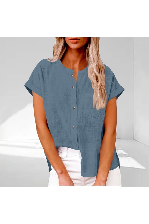 Women's Linen Blend Shirt Short Sleeve Round Neck with Pocket Casual and Breathable Style