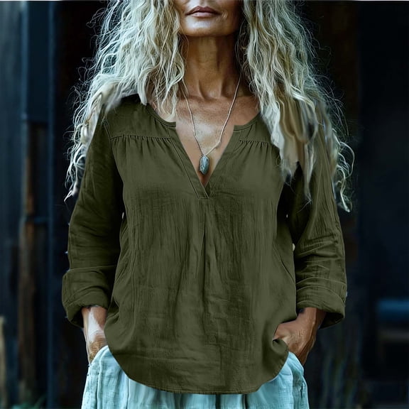 AUNVITO Women's Linen Blend Shirt V Neck Button Front Long Sleeve Casual and Elegant Blouse with Court Style Details