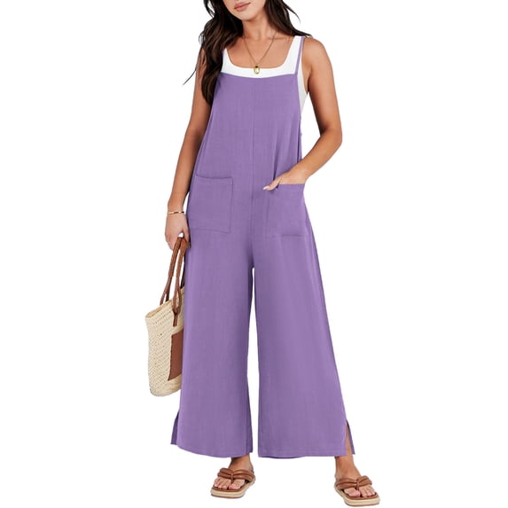 AUNVITO Women's Linen Cotton Jumpsuit Summer Strappy Pocketed Solid Color Casual Lightweight Jumpsuit with Pockets