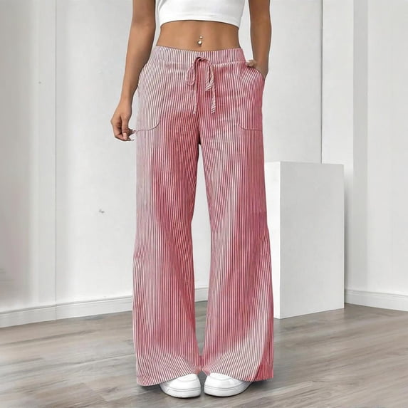 AUNVITO Women's Linen Pants Striped Tie-Waist Straight Leg Casual Versatile Trousers