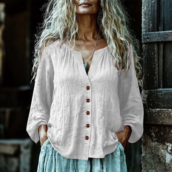 AUNVITO Women's Linen Shirt Long Sleeve V-Neck Button Front Casual and Fashionable