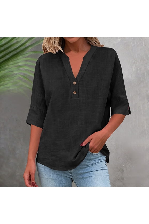 Women's Linen Shirt V-Neck Casual Fit Three-Quarter Sleeve Button Front Solid Color Casual and Chic Style