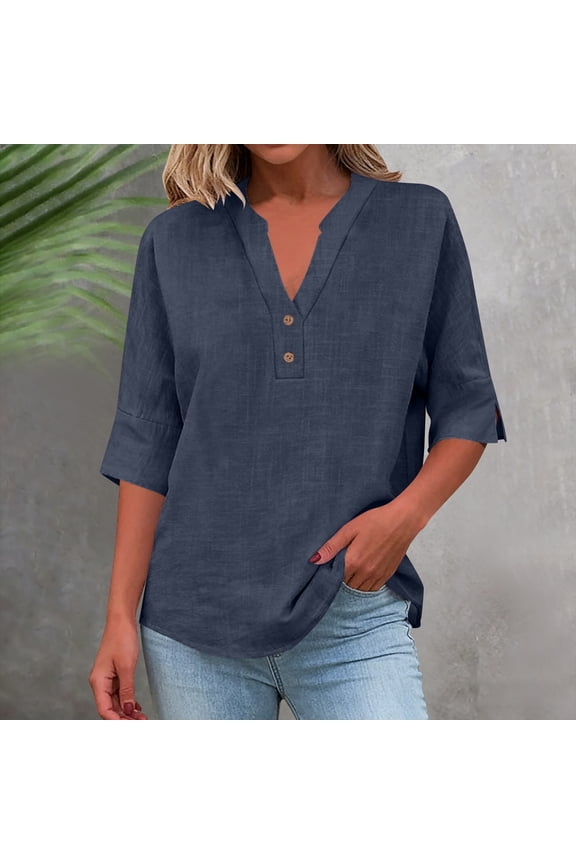 Women's Linen Shirt V-Neck Casual Fit Three-Quarter Sleeve Button Front Solid Color Casual and Chic Style
