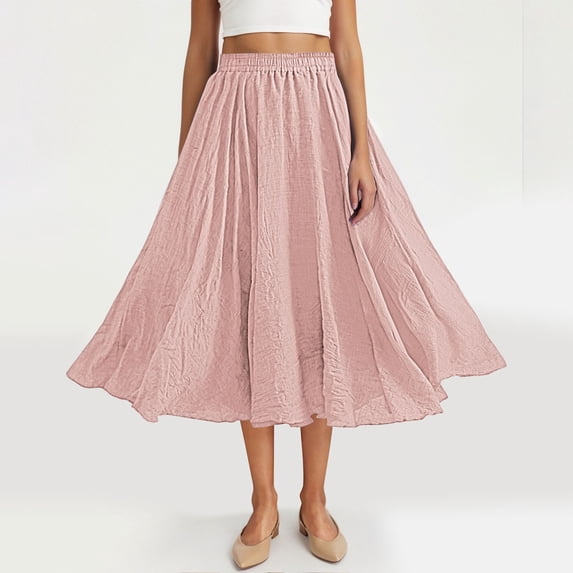 AUNVITO Women's Linen Skirt with Elastic Waist Solid Color Casual Summer Style