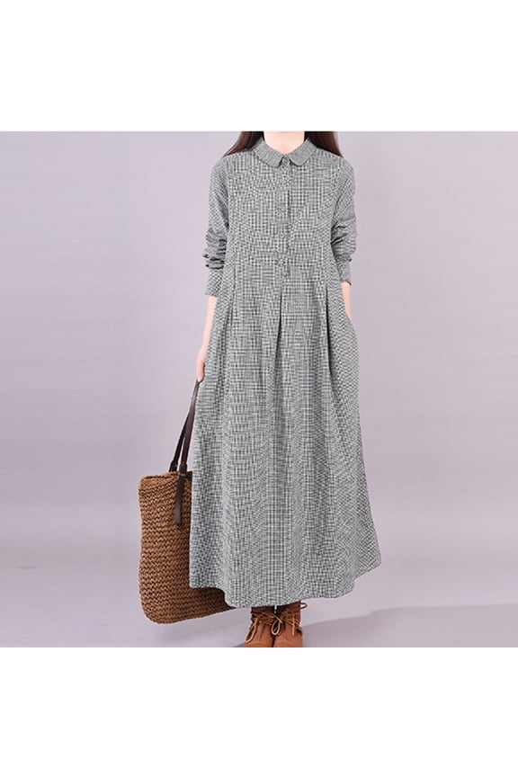 Women's Long Sleeve Loose Fit Plus Size Checkered Maxi Dress Slimming Casual Style