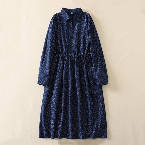 AUNVITO Women's Long Sleeve Loose Fit Printed Polka Dot Round Neck Dress Casual Spring Summer Navy Orange Cotton Linen Blend