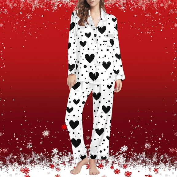 AUNVITO Women's Long Sleeve Pajama Set with Turn Down Collar and Pockets All-Over Print Casual Comfortable for Lounge and Sleep