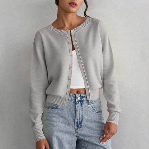 AUNVITO Women's Loose Fit Acrylic Sweater Cardigan Solid Color Casual Long Sleeve Knit Top