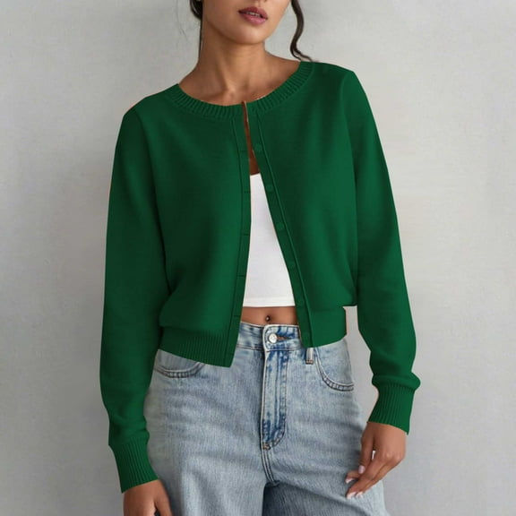 AUNVITO Women's Loose Fit Acrylic Sweater Cardigan Solid Color Casual Long Sleeve Knit Top