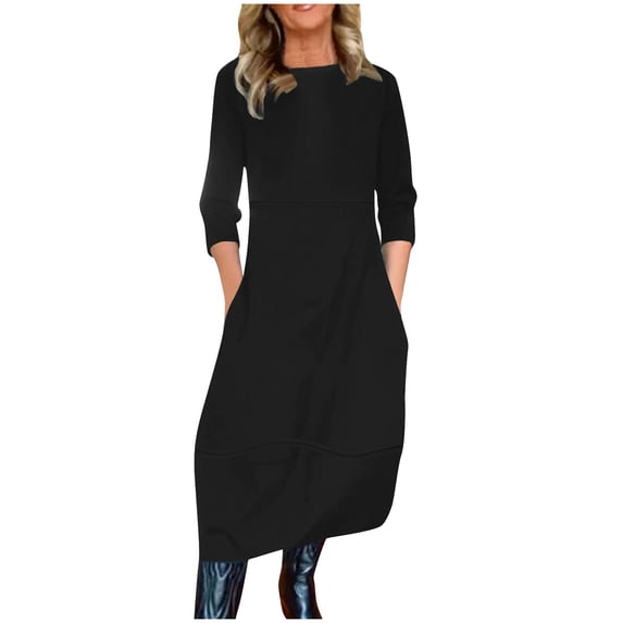 AUNVITO Women's Loose Fit Casual Dress Long Sleeve Round Neck Solid Color Lightweight Spring Summer Daily Party Wear