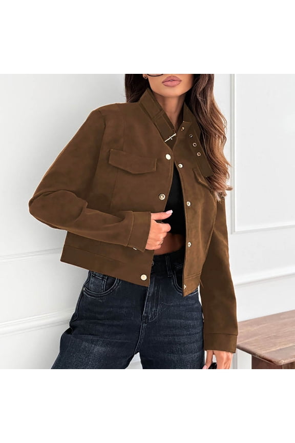 Women's Loose Fit Cotton Stand Collar Button Jacket with Pockets, Fall Winter Casual Outerwear for Daily Wear