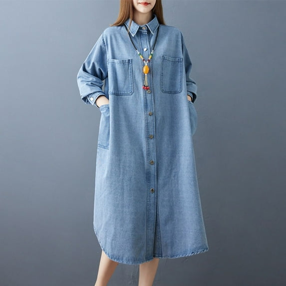AUNVITO Women's Loose Fit Denim Shirt Dress Long Sleeve Button Down Collar Stretchy Knee-Length Vintage Casual