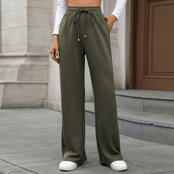 AUNVITO Women's Loose Fit High Waist Casual Drawstring Elastic Waist Pockets Solid Color Comfort Trousers All Season