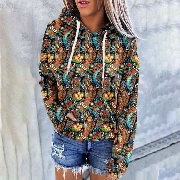 AUNVITO Women's Loose Fit Printed Hooded Sweatshirt Drop Shoulder Long Sleeve Casual and Trendy Style