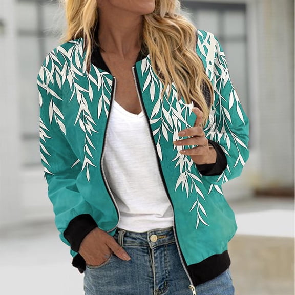 AUNVITO Women's Loose Fit Printed Zippered Coat Casual Long Sleeve Top with Pockets Spandex Blend Outdoor Daily Wear