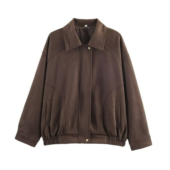 AUNVITO Women's Loose Fit Retro Bomber Jacket with Notched Collar, Zip-Front & Button Closure Casual Outerwear Nylon Spandex Blend