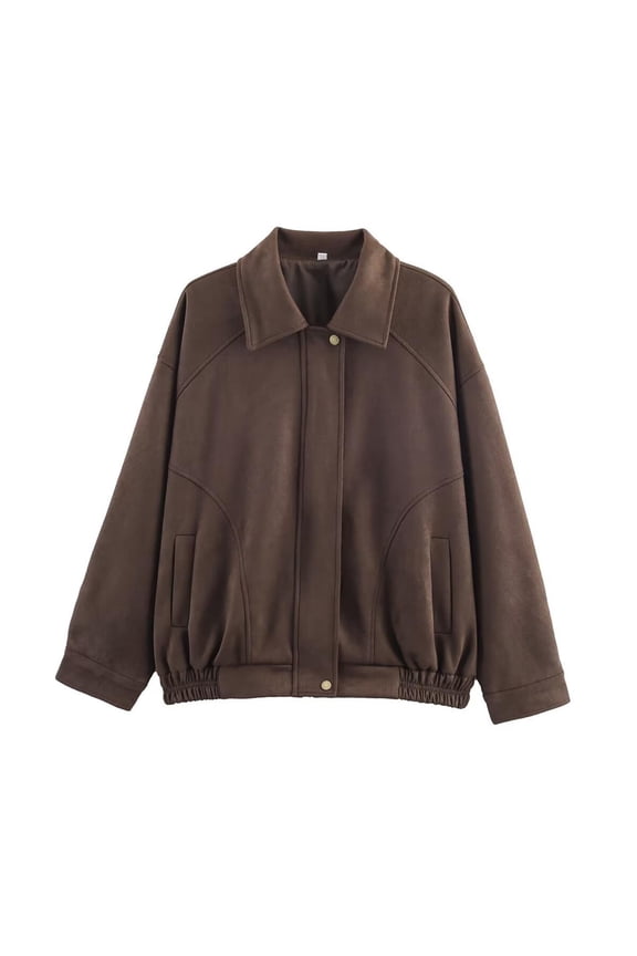 Women's Loose Fit Retro Bomber Jacket with Notched Collar, Zip-Front & Button Closure Casual Outerwear Nylon Spandex Blend